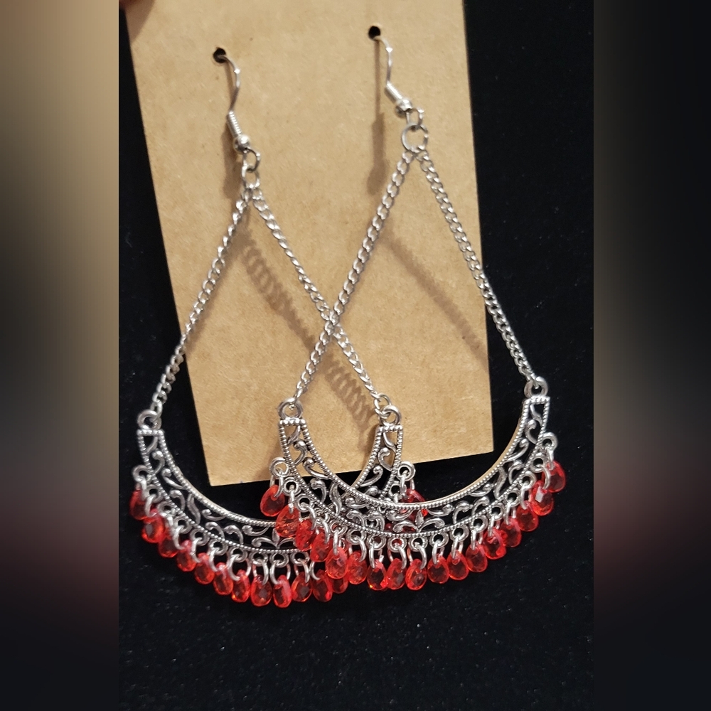 Silver and Red Dangle Earrings